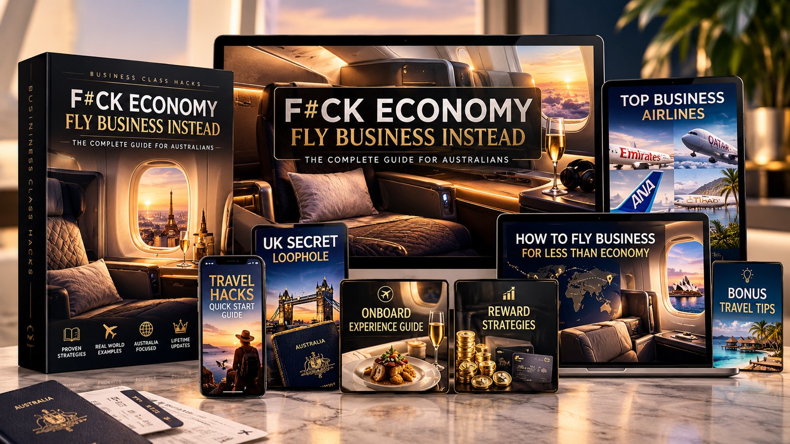 The F#ck Economy – Fly Business Instead ebook with its bonus guides on laptop, tablet and phone